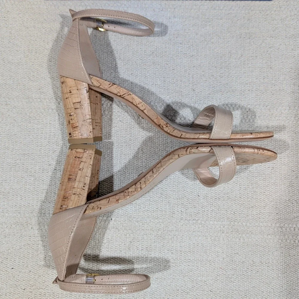 Stuart Weitzman Nearlynude Adobe Beige Croc Cork Block Heel Sandals 7.5 AA NIB